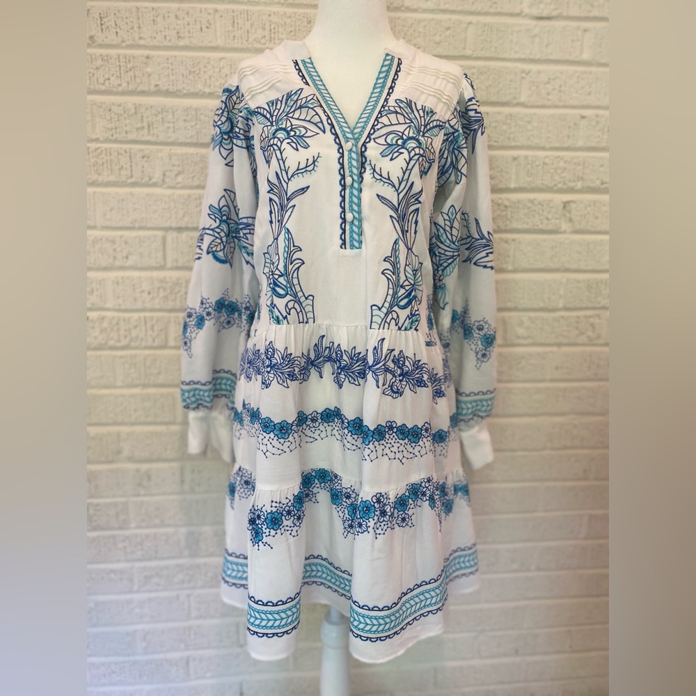 Hale Bob Short Women’s Embroidered Dress Blue White XS